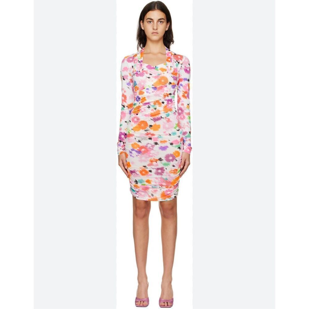MSGM Ruched Floral Print Long Sleeve Jersey Mini Dress Multicolor Size 6/Medium